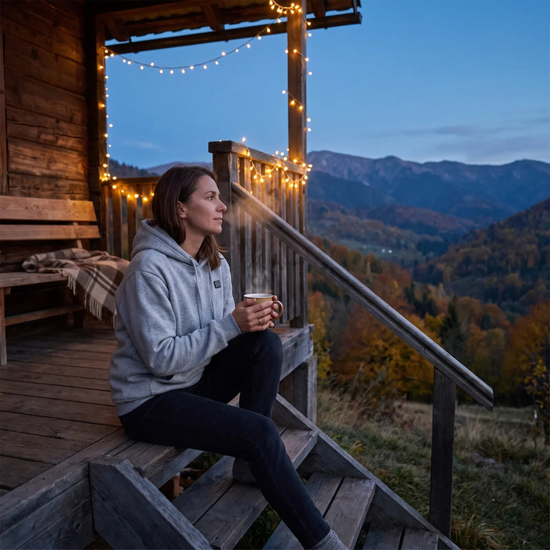 Woman in a heated hoodie with tea on the porch of a mountain cabin in the evening