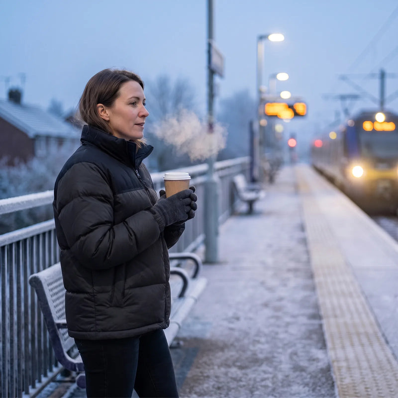 Woman in a black heated jacket holding a coffee on a frosty train platform in the morning