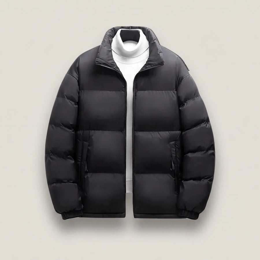 Heated jacket in black, quilted jacket with stand-up collar