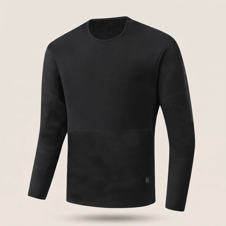 Heated long-sleeve top for men in black with crew neck and heat button at the hem