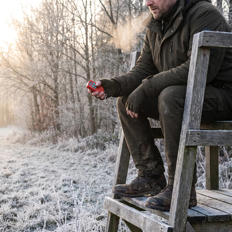 Hunter sitting in a hunting stand on a frosty morning