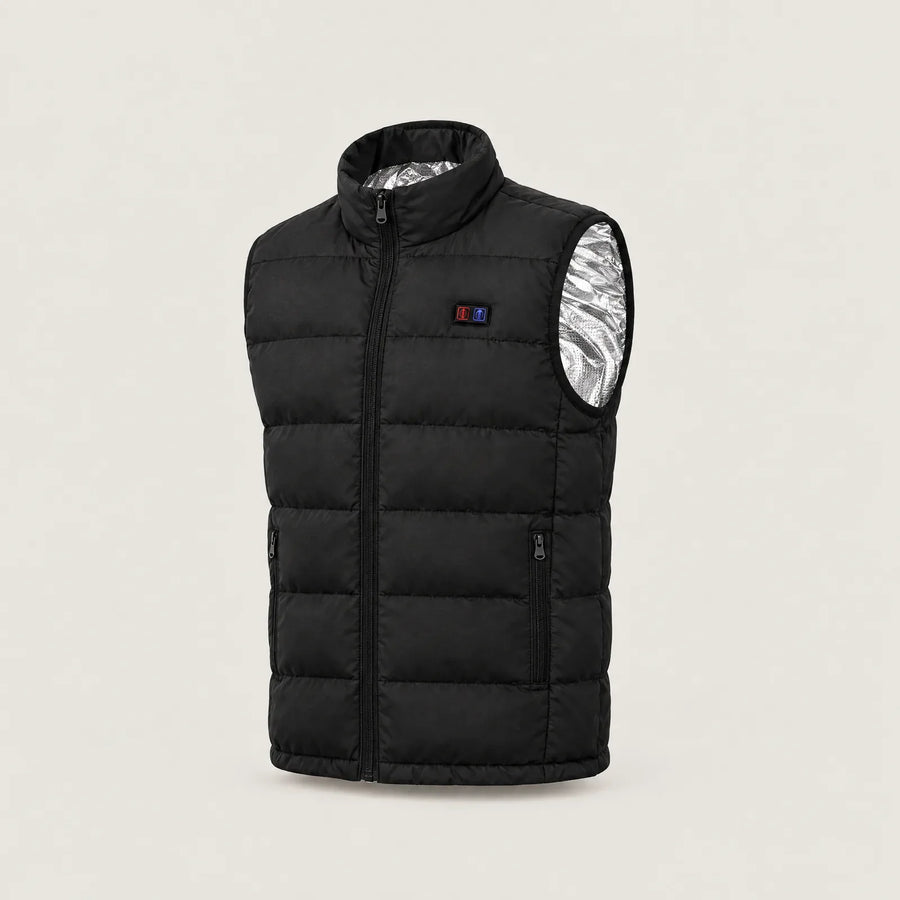 9-zone heated vest in black, cut out, three-quarter front view