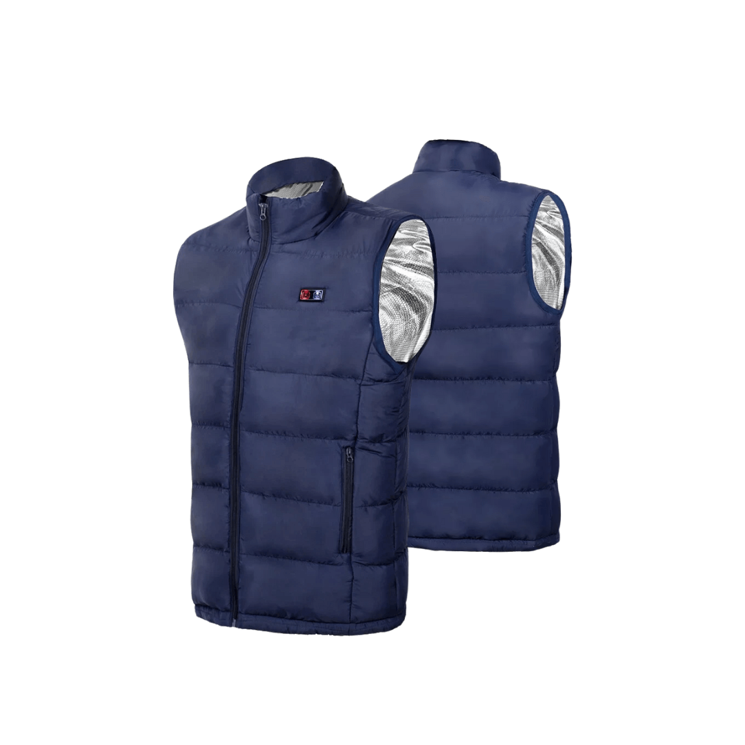 Heated vest in navy, front and back view