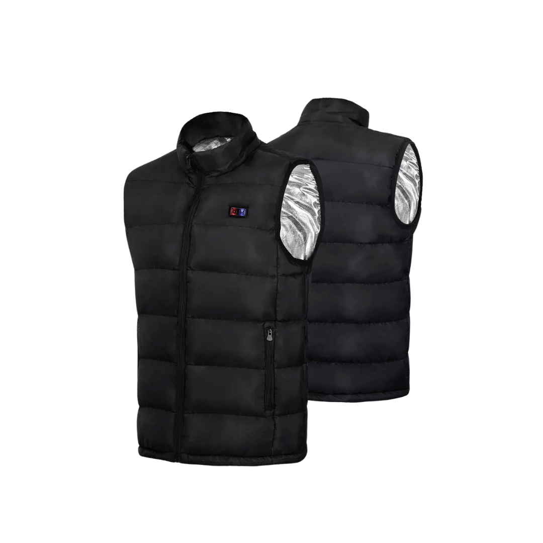 Heated vest in black, front and back view with silver lining