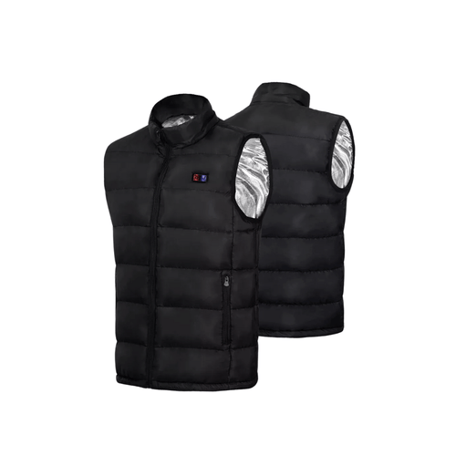 Heated vest in black, front and back view with silver lining