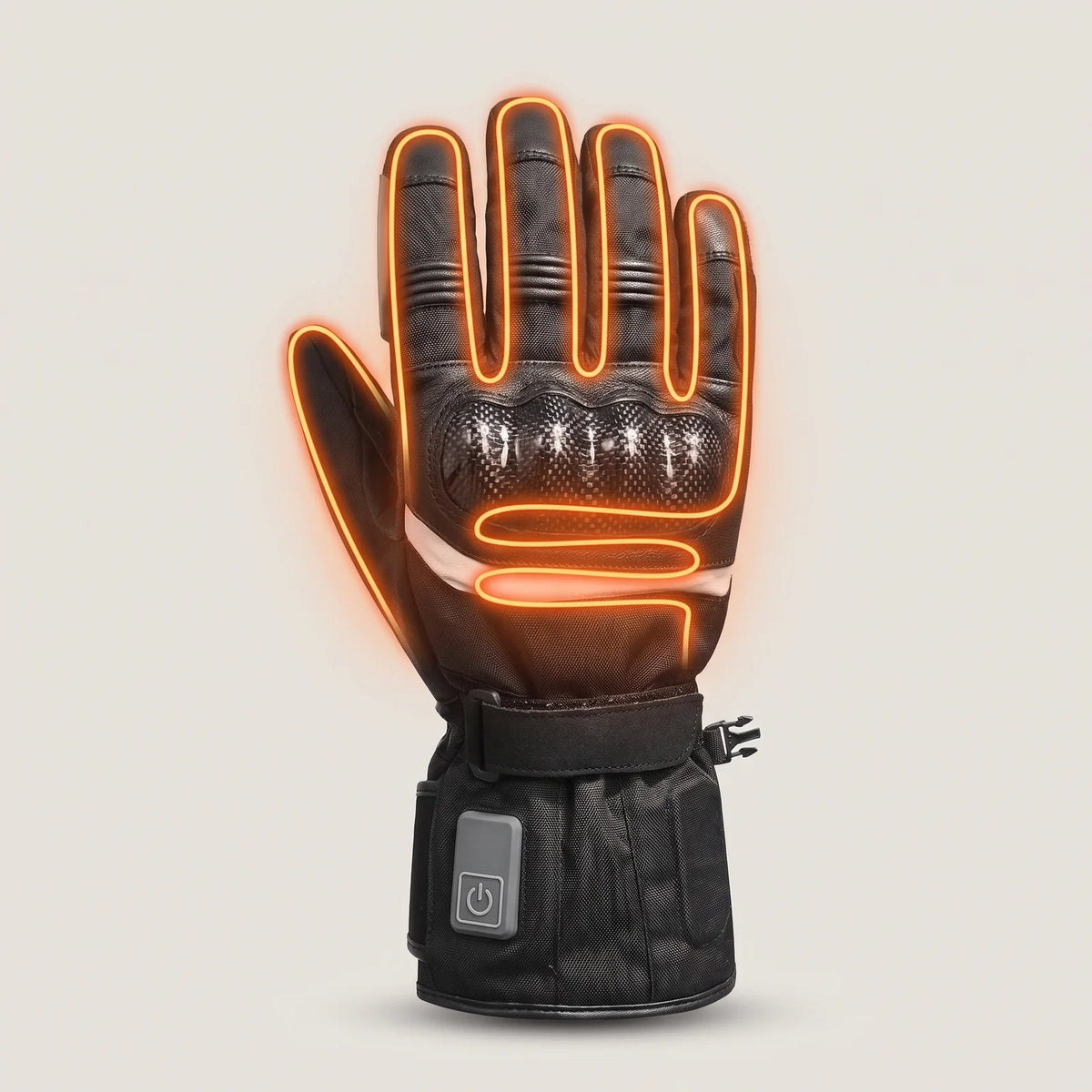 Heating zones of the Apex glove: warmth across the back of the hand and all five fingers