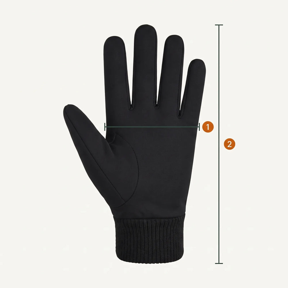 Glove laid flat with two measuring lines: 1 palm width, 2 overall length