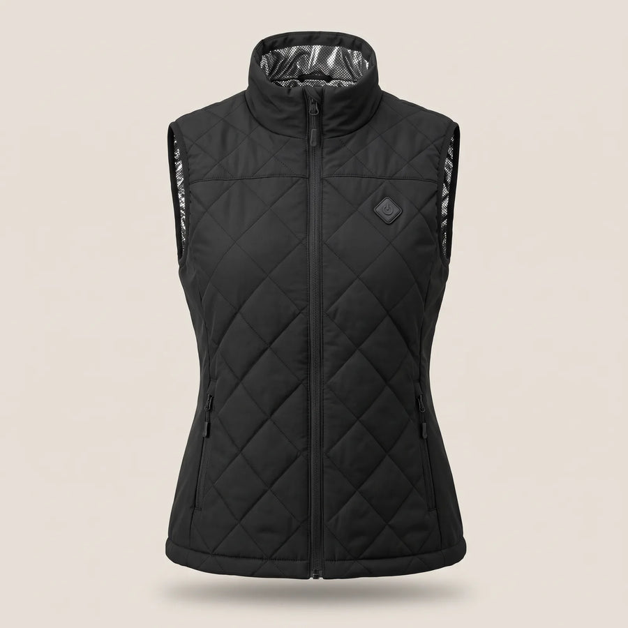 Women's heated vest in Black, front view with stand-up collar and diamond quilting