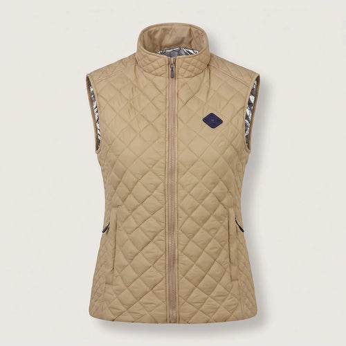 Women's heated vest in Sand, front view with stand-up collar and diamond quilting