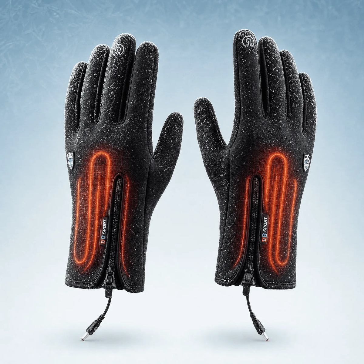 BergHeat Grip heated gloves as a pair, with the heating elements on the back of the hand marked