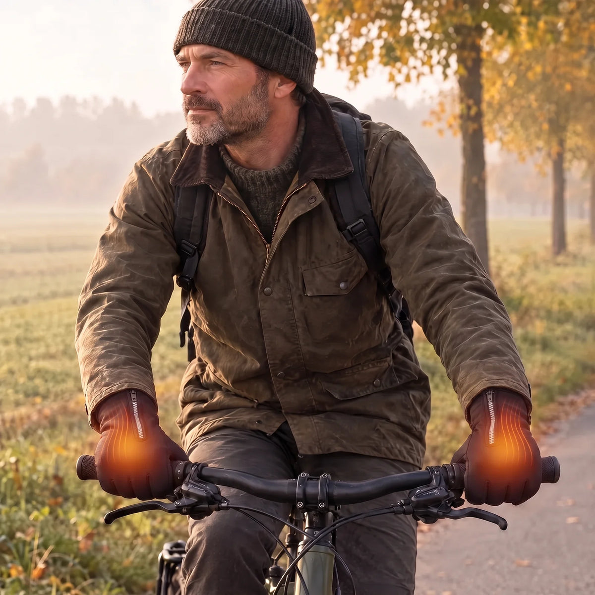 Man cycling along a country road in autumn, wearing warm heated gloves
