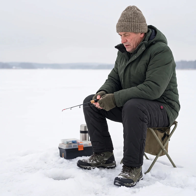 Man ice fishing on a stool on a frozen lake
