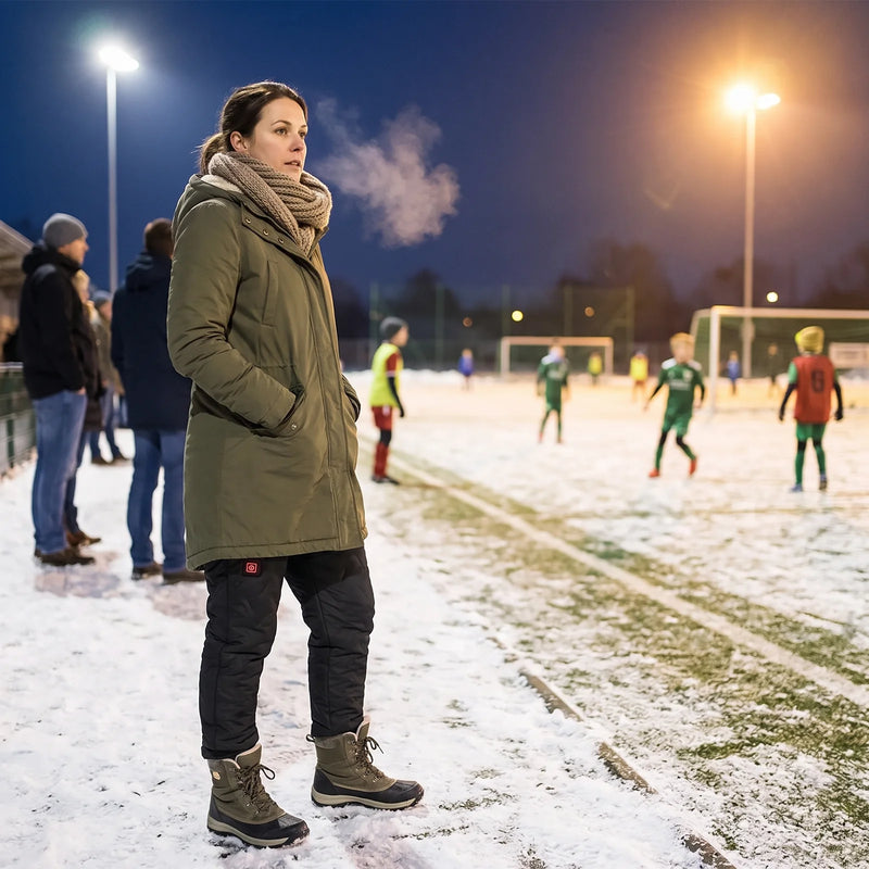 Woman in heated pants watching a game beside a snowy field under floodlights