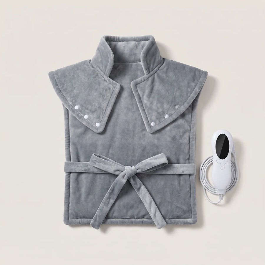 BergHeat Fireside heated wrap in gray with stand-up collar, shoulder panels and tie, hand controller beside it