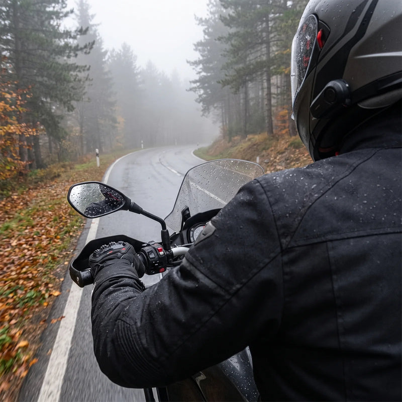 Motorcyclist with winter gloves on the handlebars on a wet mountain road in fog