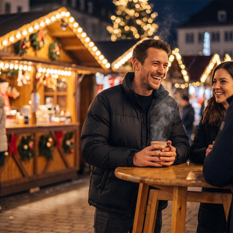 Man in a heated jacket holding a hot drink at a Christmas market