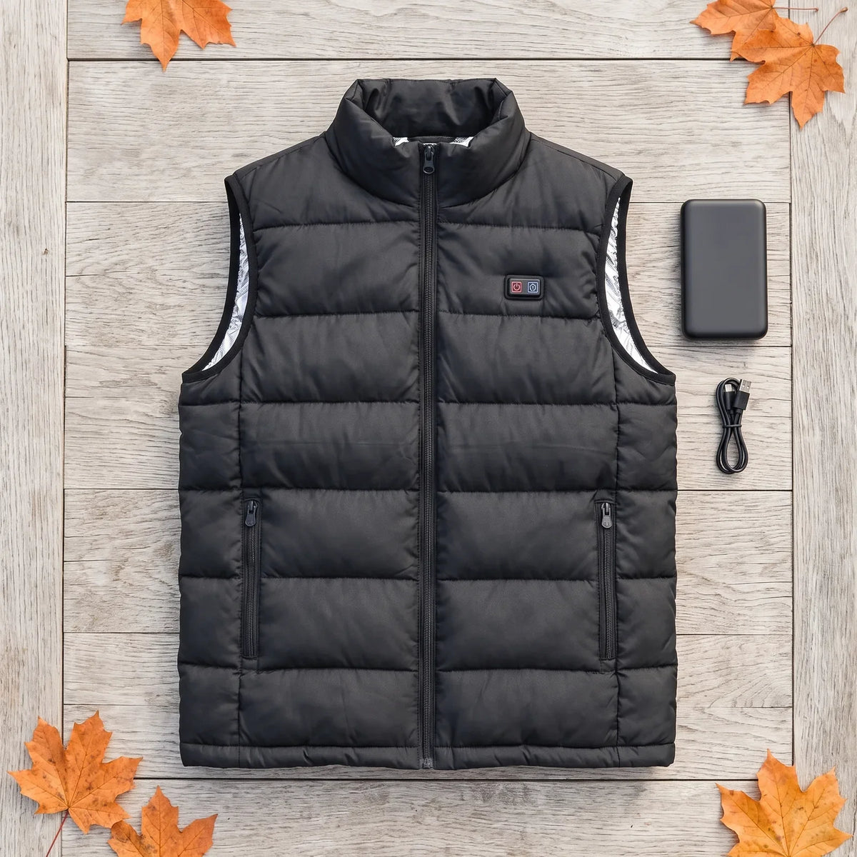 In the box: BergHeat Ridge heated vest with power bank and USB cable on a wooden table