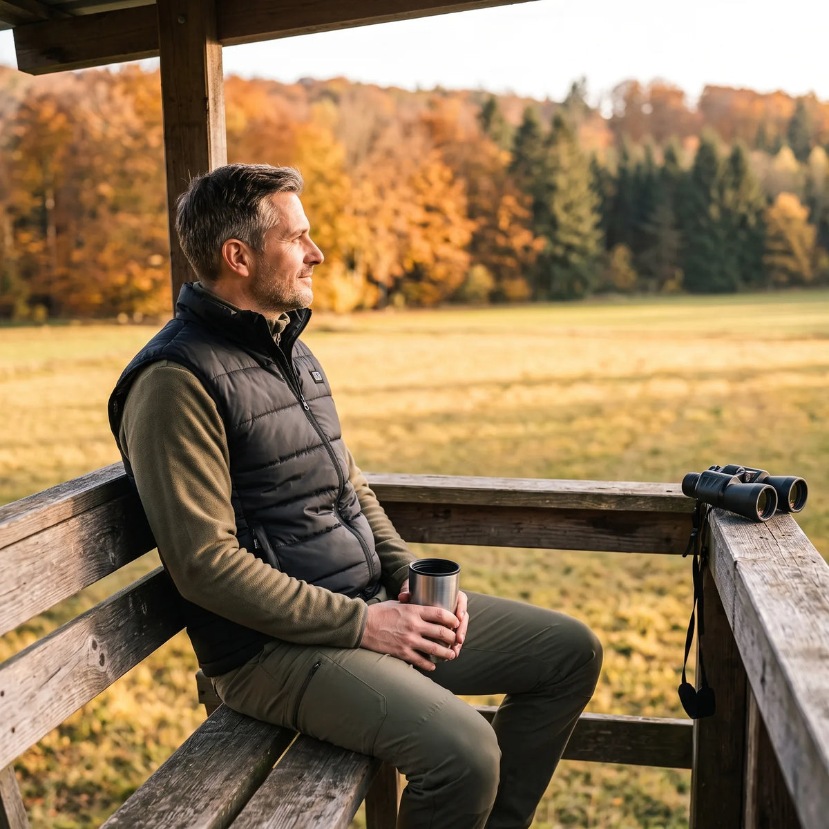 Man wearing the BergHeat Ridge heated vest on a raised hide on an autumn afternoon
