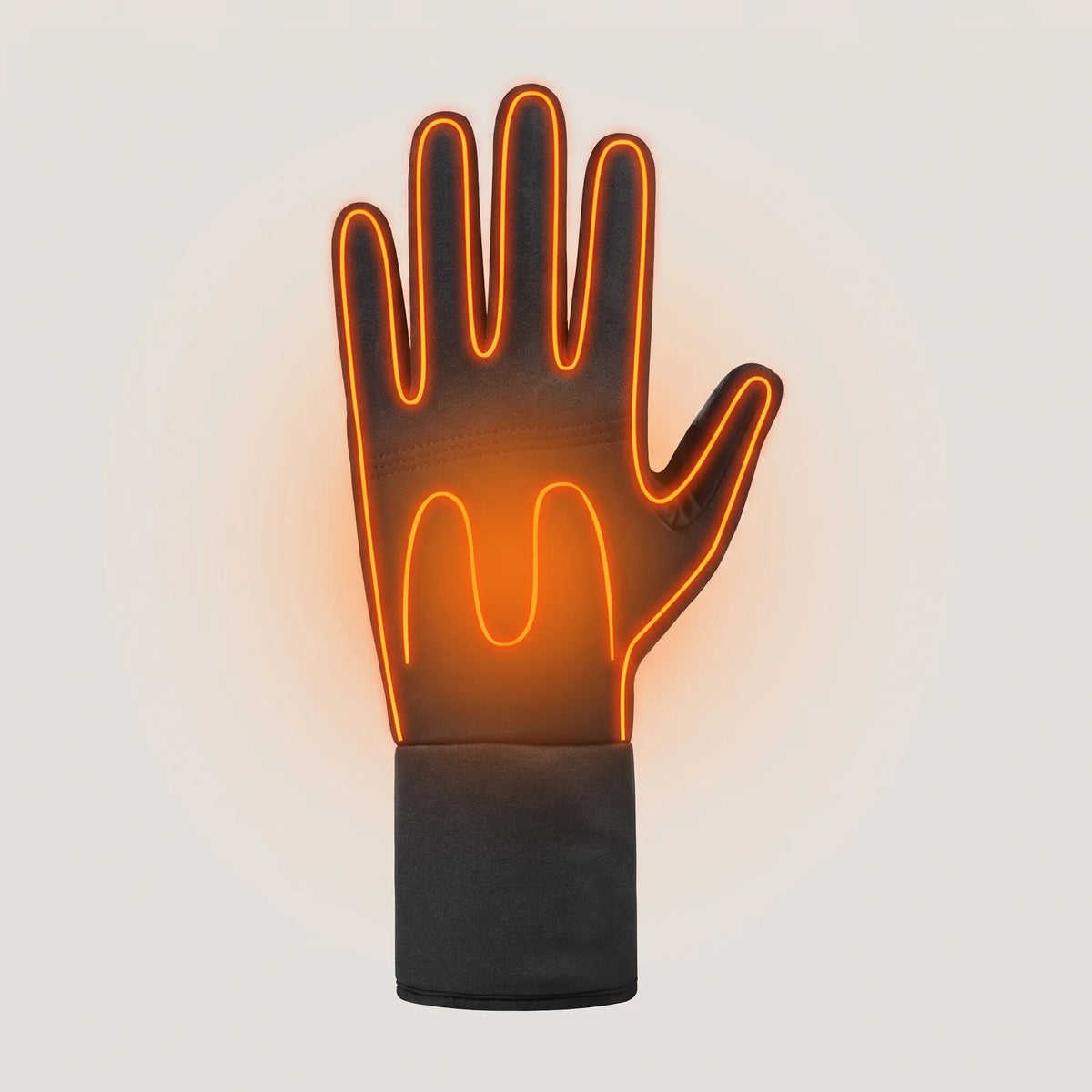 Heating zones of the Saddle glove: warmth across the back of the hand and all five fingers