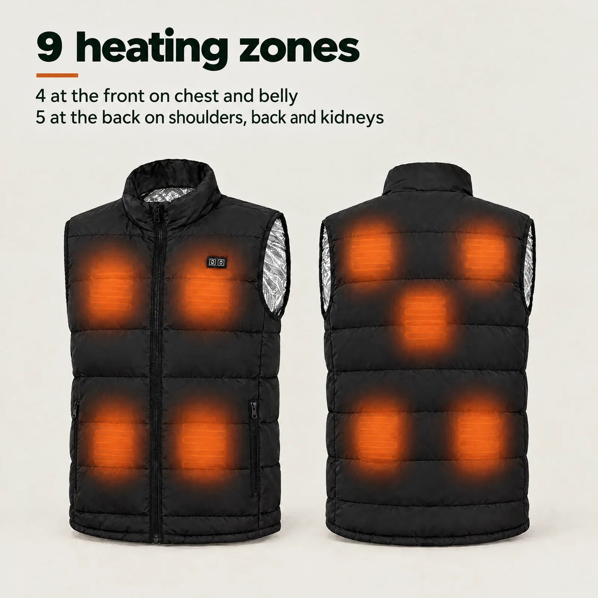 BergHeat Ridge front and back: 4 heating zones on chest and belly, 5 on shoulders, back and kidneys
