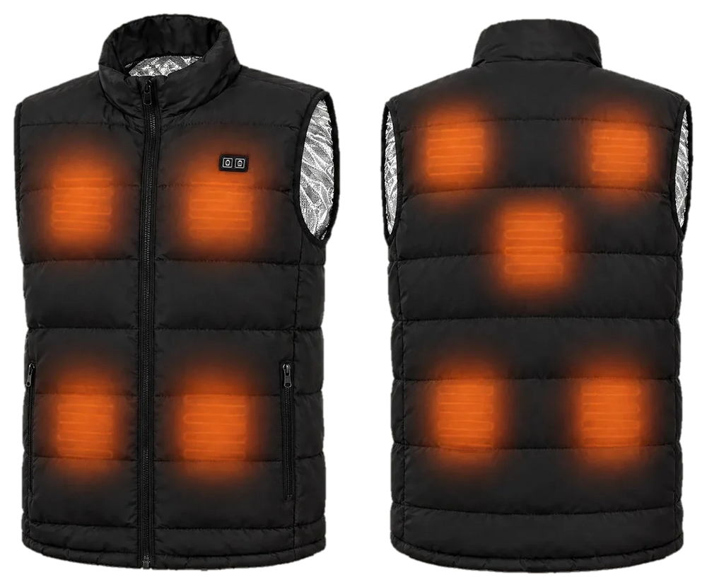 Heated vest front and back, the nine heating zones glowing orange